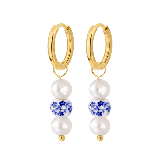 Flower Tile Pearl Hoop Set Small Gold