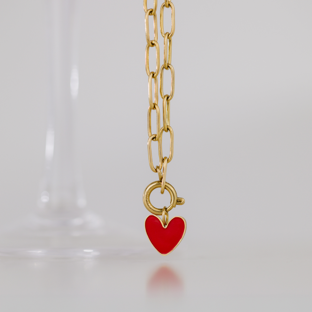 Red Heart Oval Links Necklace Set Silber