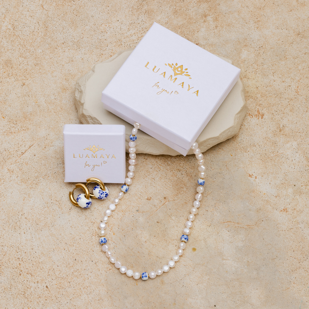 Flower Tile Pearl Necklace Silber