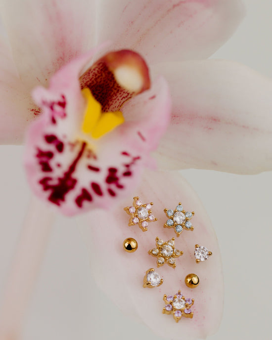 Sparkling Pink Petal Studs Gold