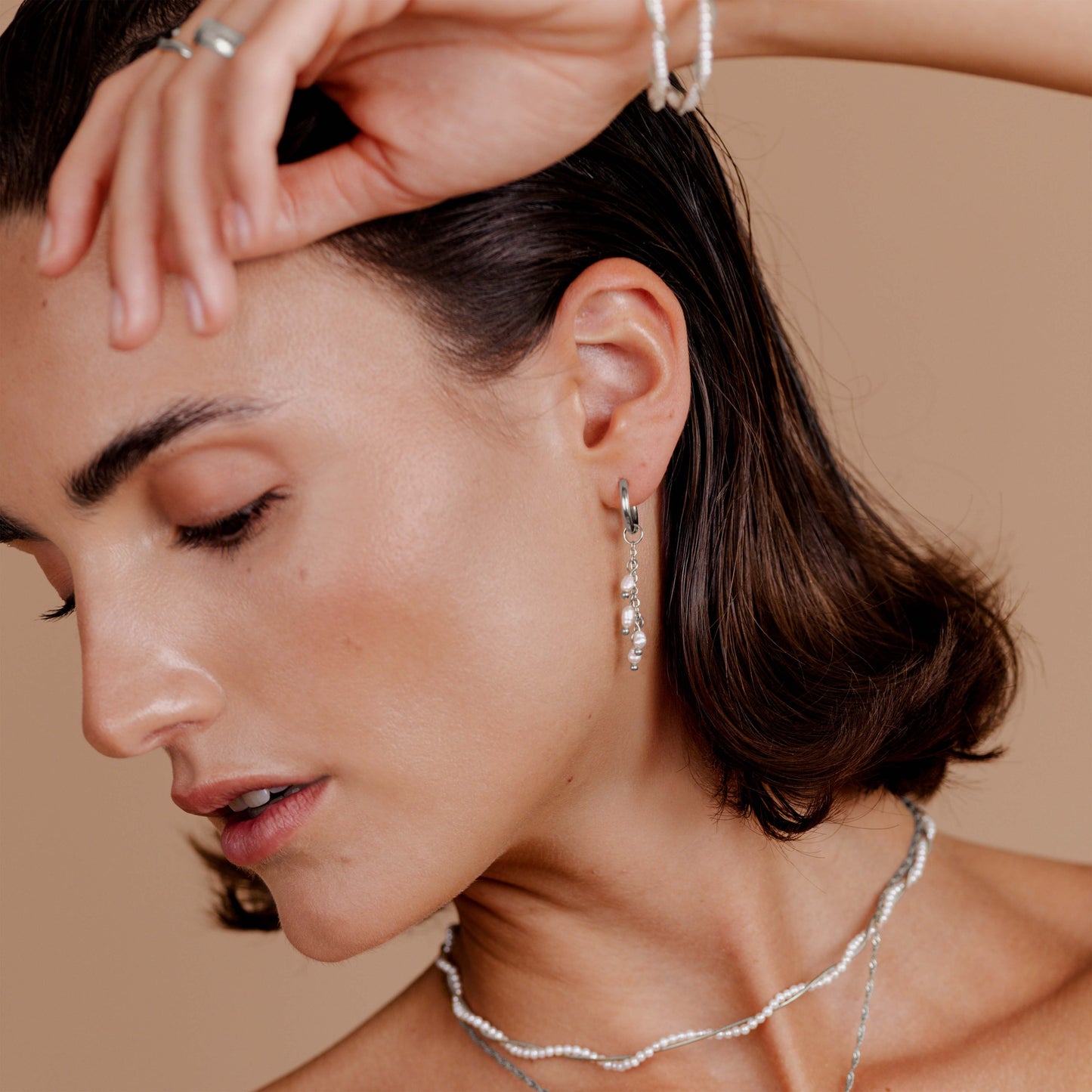 Pearl Chain Hoop Set Small Silber