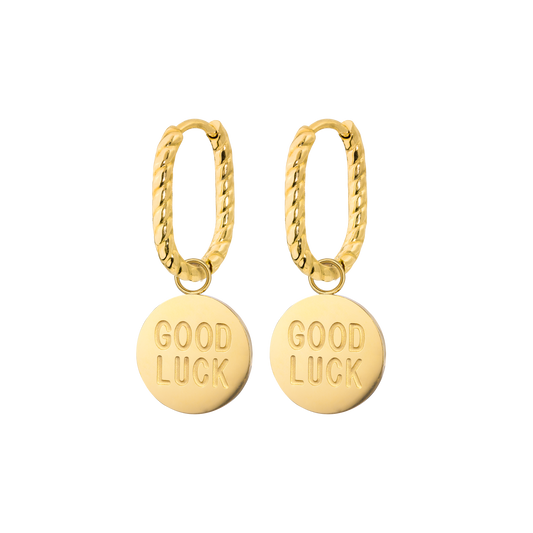 Good Luck Coin Oval Twisted Hoop Set Baby Gold