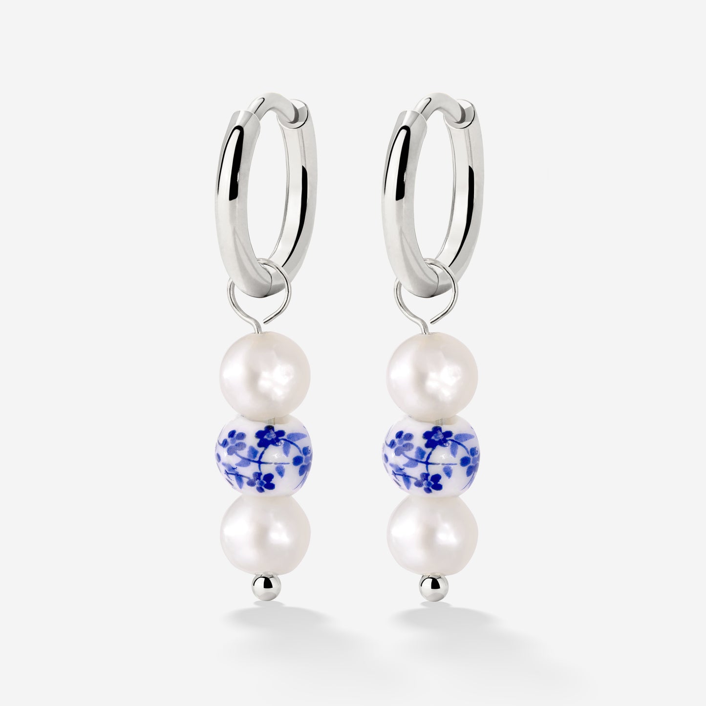 Flower Tile Pearl Hoop Set Small Silber