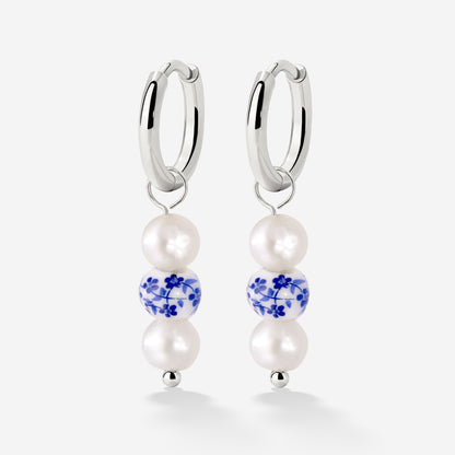 Flower Tile Pearl Hoop Set Small Silber