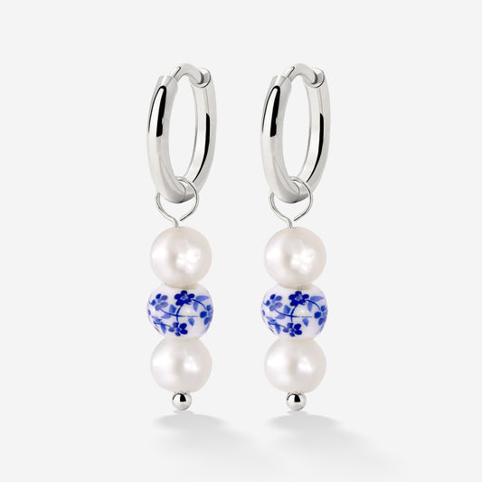 Flower Tile Pearl Hoop Set Small Silber