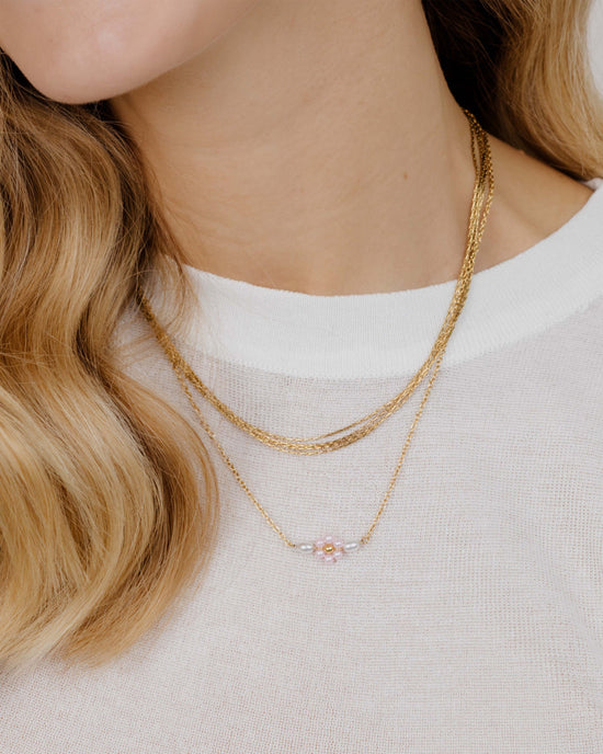 Pretty Pink Daisy Necklace Gold