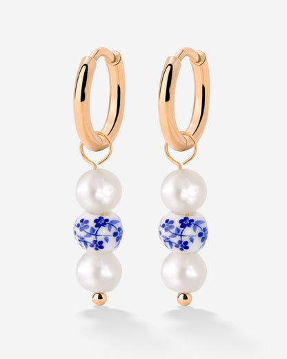 Flower Tile Pearl Hoop Set Small Roségold