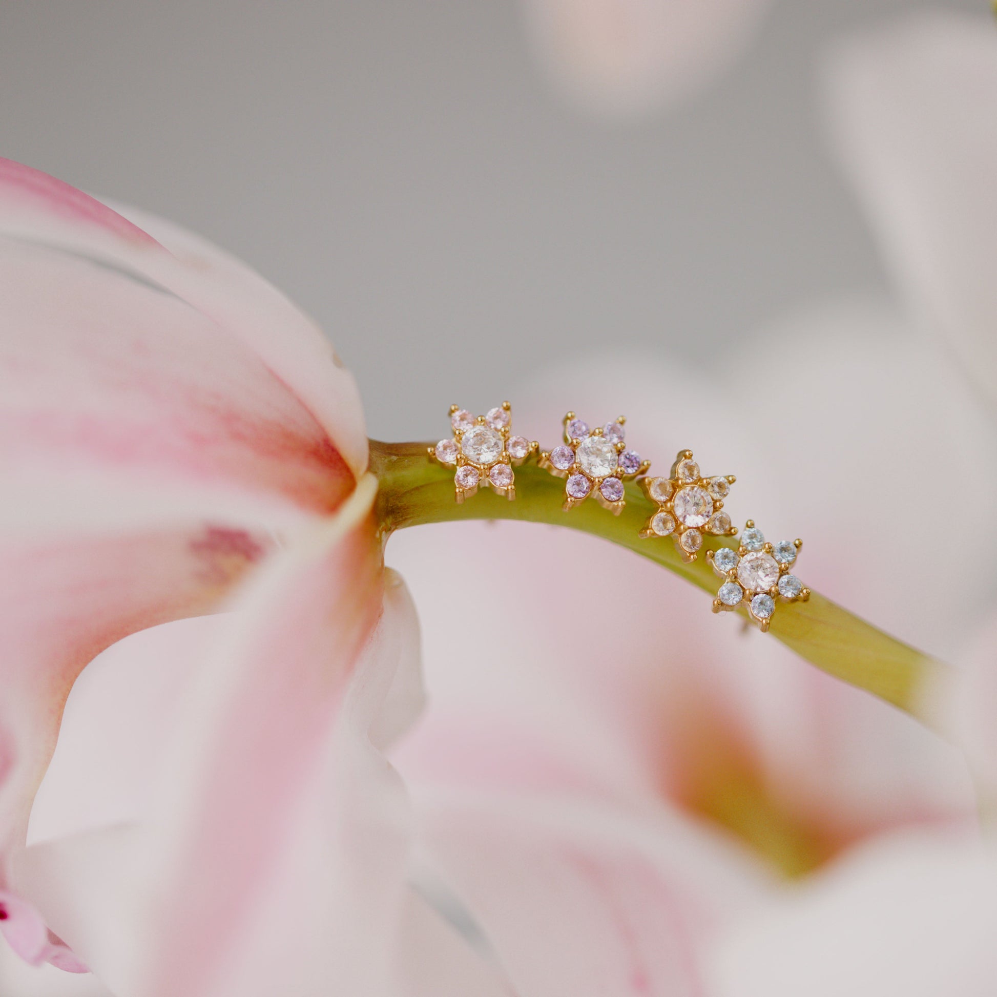 Sparkling Pink Petal Studs Gold