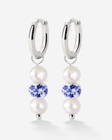 Flower Tile Pearl Hoop Set Small Silber