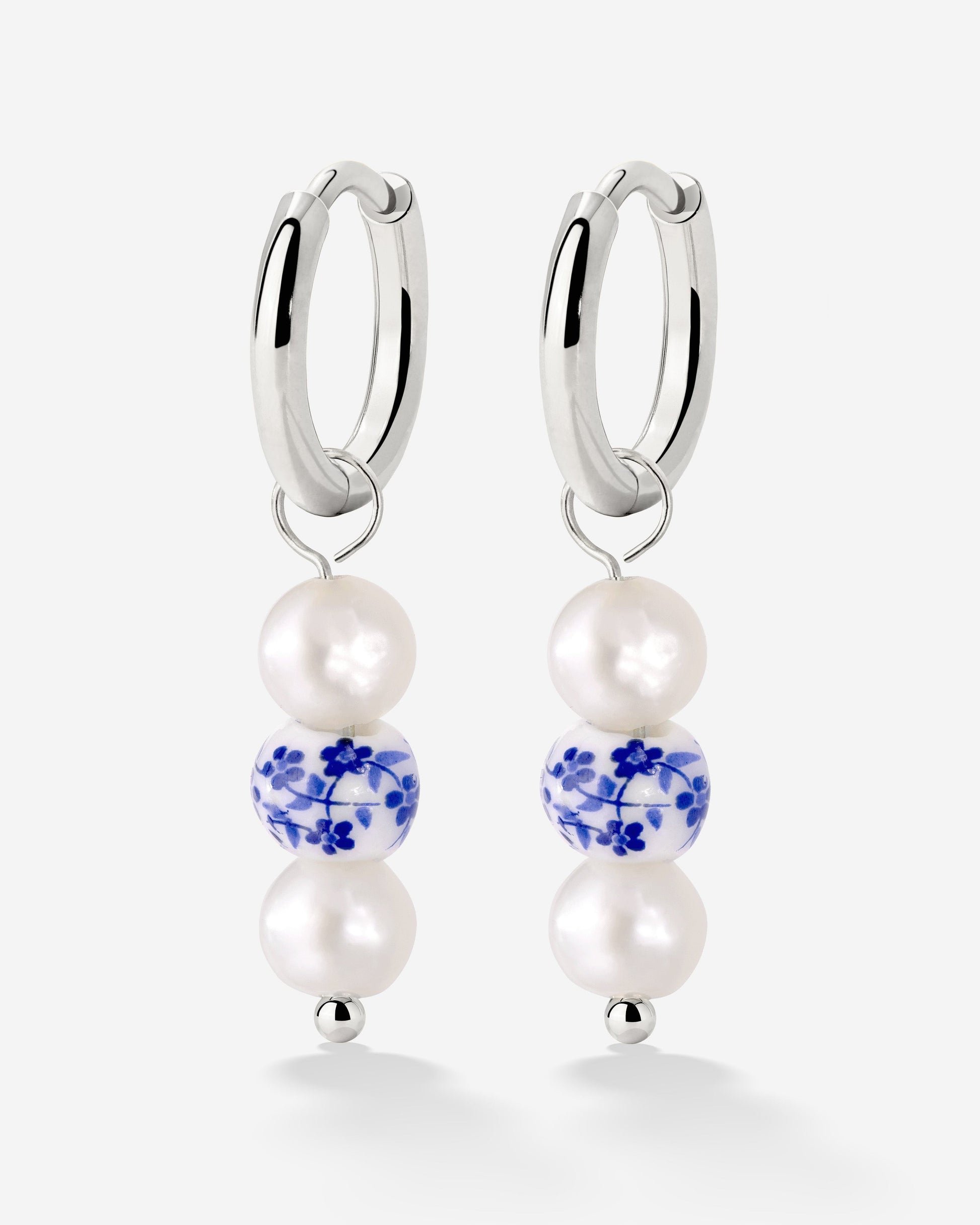 Flower Tile Pearl Hoop Set Small Silber