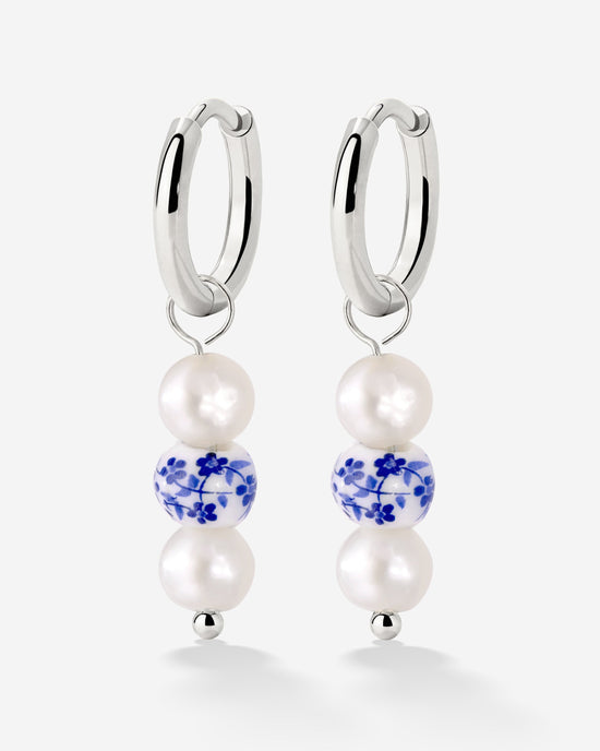 Flower Tile Pearl Hoop Set Small Silber