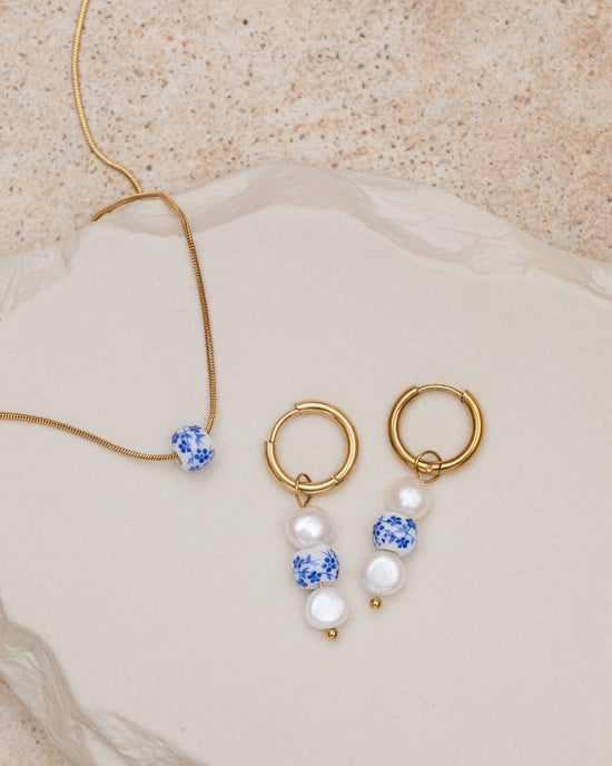 Flower Tile Pearl Hoop Set Small Gold