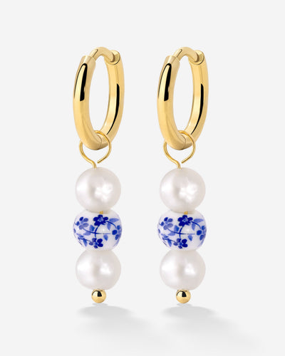 Flower Tile Pearl Hoop Set Small Gold
