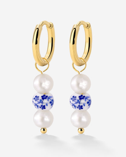 Flower Tile Pearl Hoop Set Small Gold