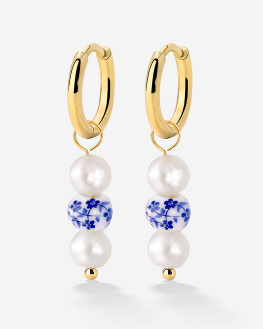 Flower Tile Pearl Hoop Set Small Gold