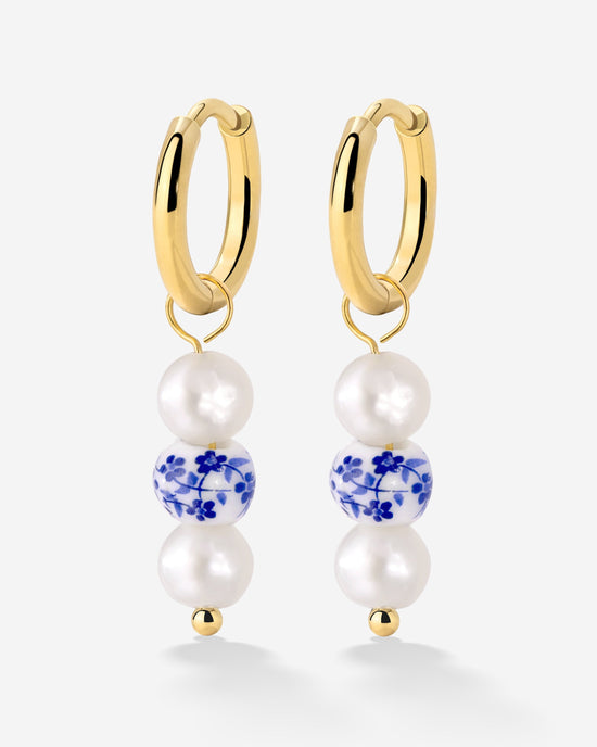 Flower Tile Pearl Hoop Set Small Gold