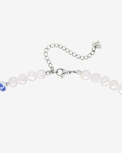 Flower Tile Pearl Necklace Silber