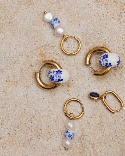 Flower Tile Pearl Hoop Set Small Gold