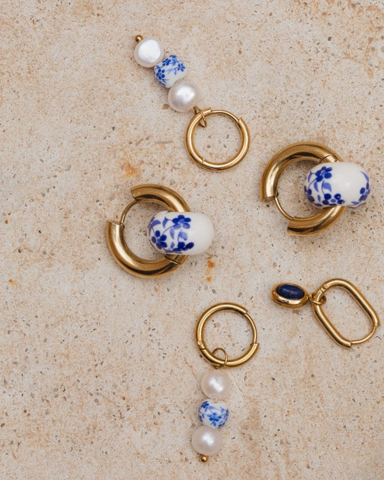 Flower Tile Pearl Hoop Set Small Gold