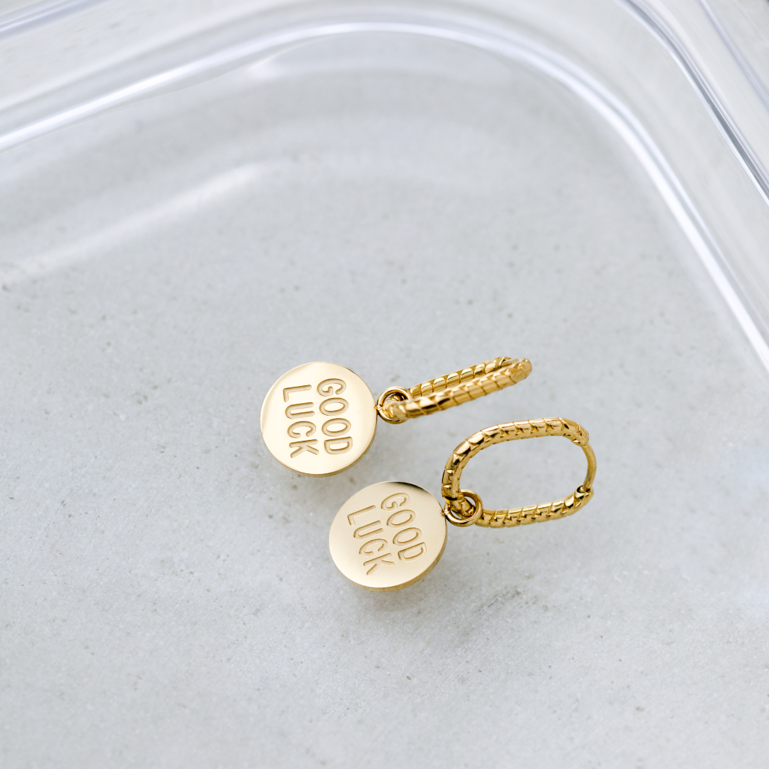 Good Luck Coin Oval Twisted Hoop Set Baby Gold