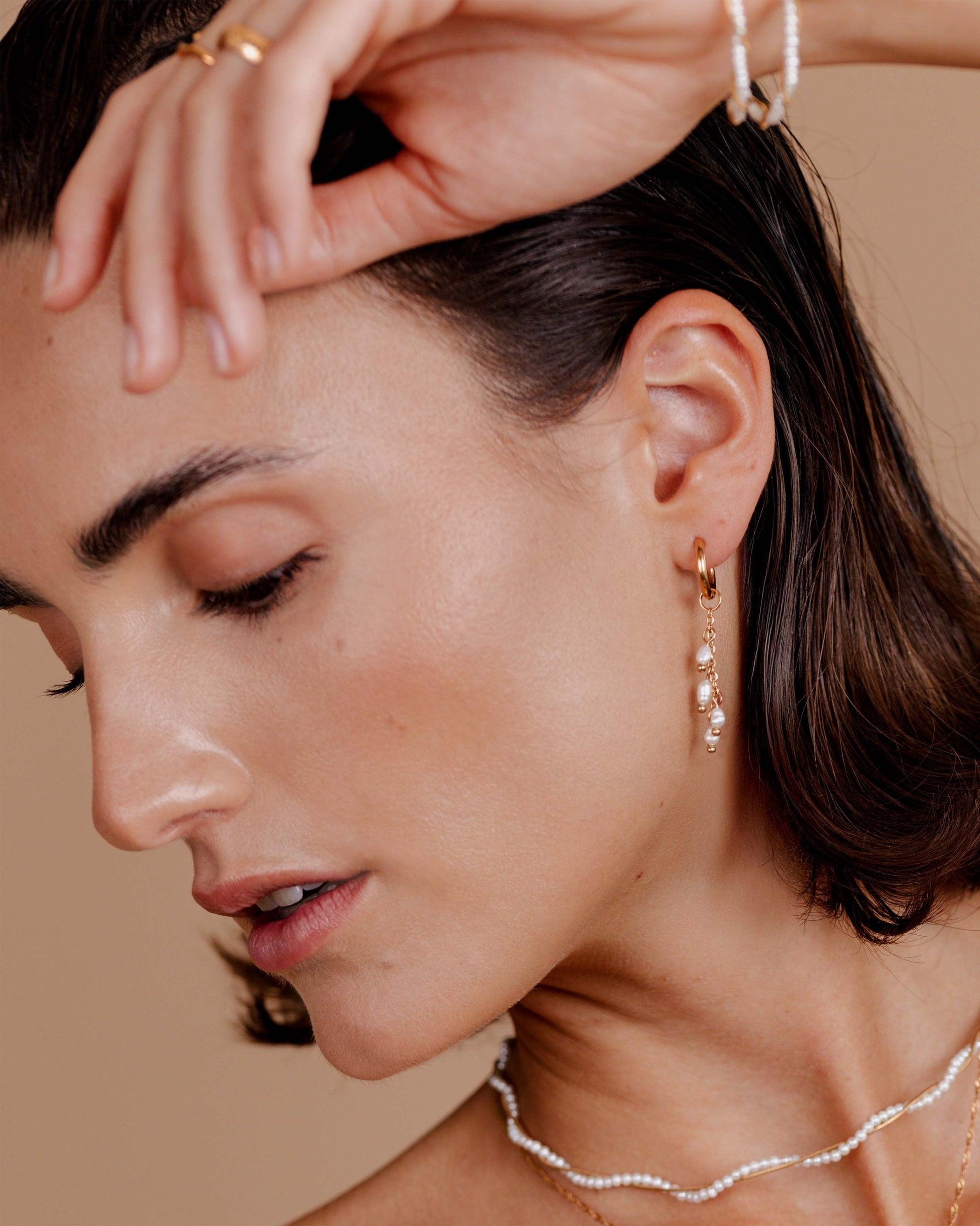 Pearl Chain Hoop Set Small Roségold