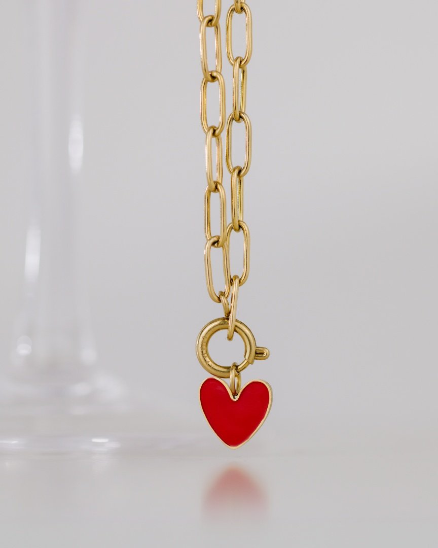Red Heart Oval Links Necklace Set Gold