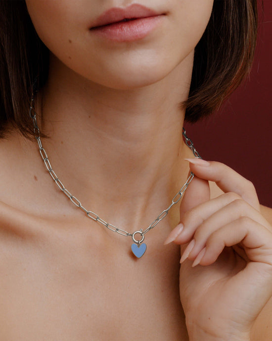 Blue Heart Oval Links Necklace Set Silber