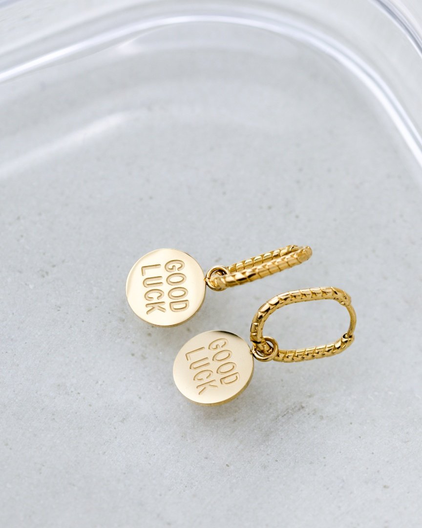 Good Luck Coin Oval Twisted Hoop Set Baby Gold