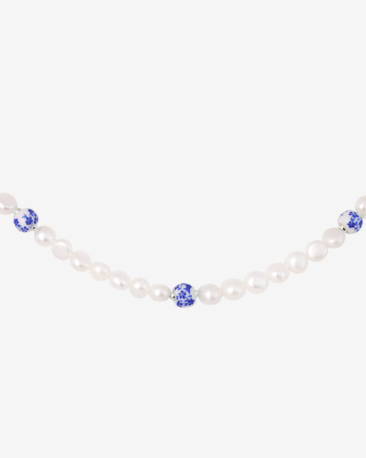 Flower Tile Pearl Necklace Silber