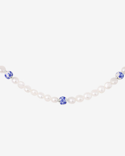 Flower Tile Pearl Necklace Silber