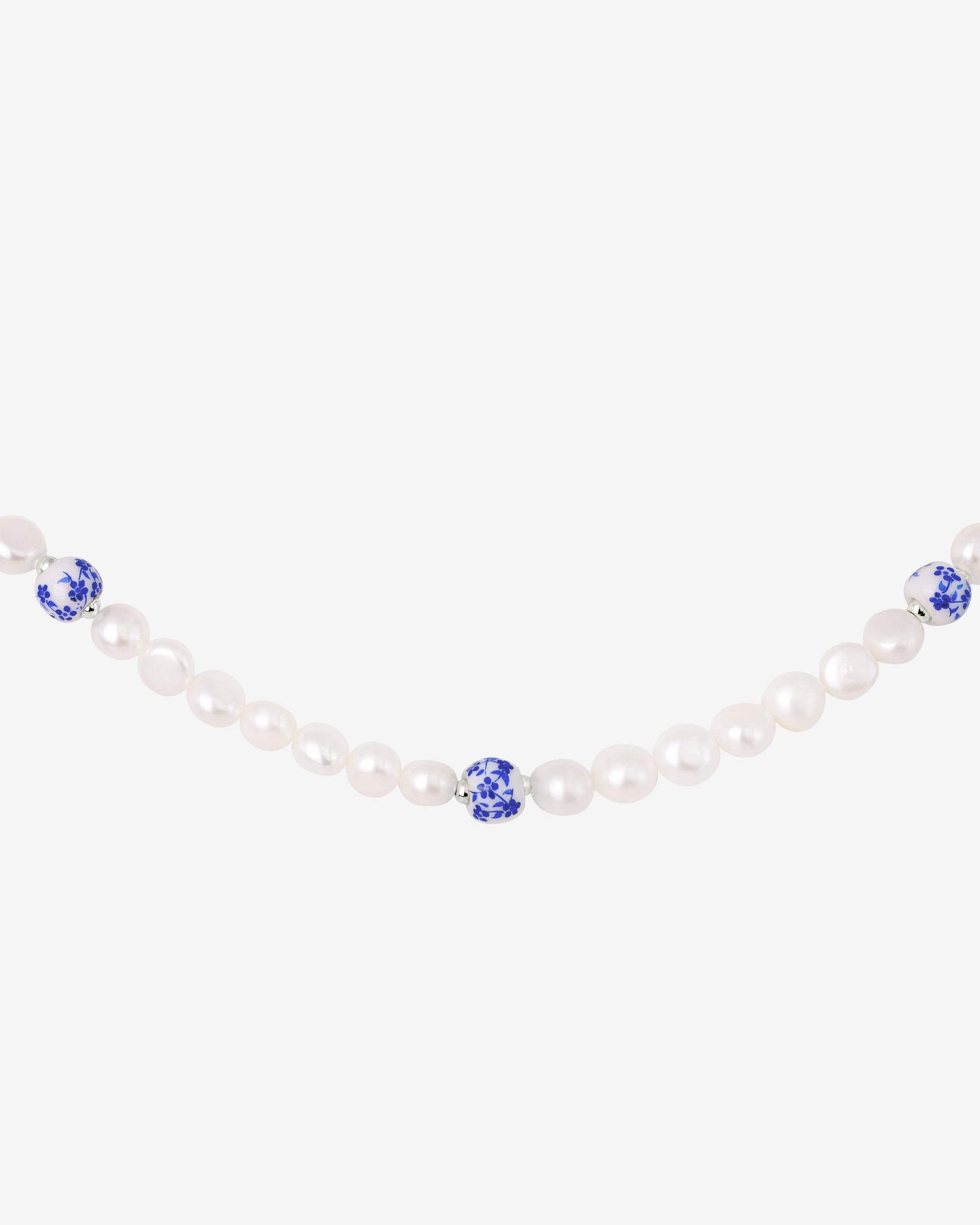 Flower Tile Pearl Necklace Silber
