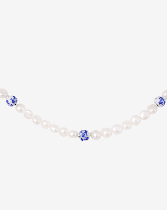 Flower Tile Pearl Necklace Silber