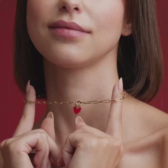 Red Heart Oval Links Necklace Set Silber